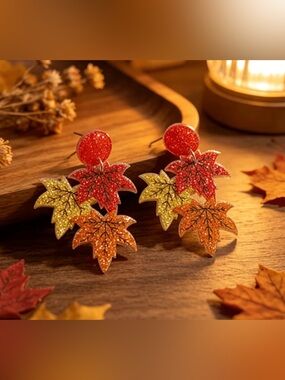 Autumn Sparkle Maple Leaf Drop Earrings - Red, Gold, Orange